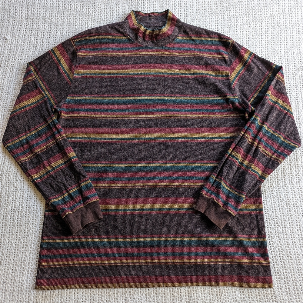 90s VTG LANDS’ END High Neck Long Sleeve Shirt Striped Paisley Women's Large USA